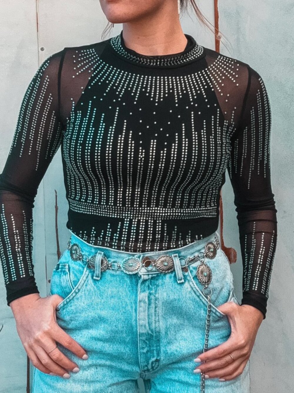 Rhinestone Glam Mesh High Neck Bodysuit Bachelorette Party Night Out Kiwi Brand